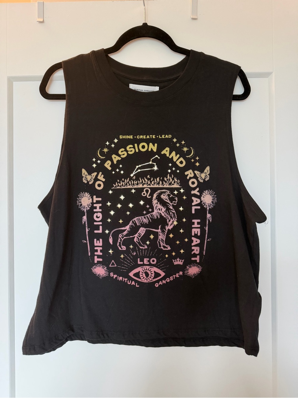 Spiritual Gangster Black Leo Graphic Muscle Tee with Pink & Gold Design